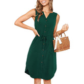 Sleeveless V-Neck Button-Up Pocket Dress